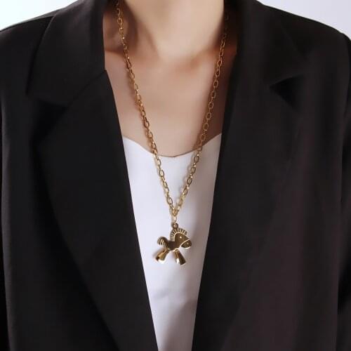 Gold Hobbyhorse necklace for women stainless steel gold plated horse long sweater necklace fashion winter jewelry 2021