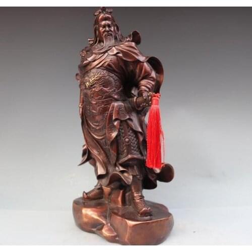 19" China Pure Copper Bronze Dragon Guan Gong Guan Yu Hold Knife Warrior God Statue