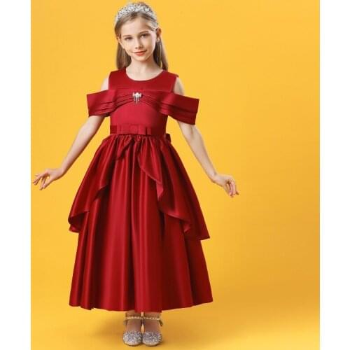 Girls Long Formal Dress Satin Fabric Off-shoulder Performance Candy Color Butterfly Festival Evening High-end Dresses