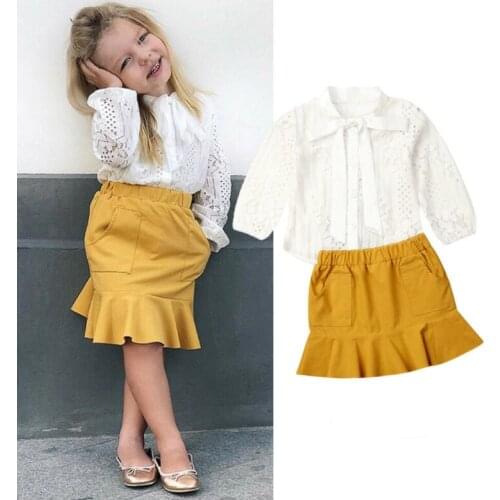 Eleghant Kids Baby Girl Clothes Sets Bowknot Tie Lace Flowers Shirts+Ruffles Mini Skirt 2Pcs Formal Kids Girl Outfits 1-6Y