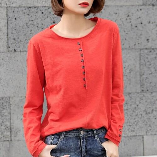 100% Cotton Women T-Shirts 2021 Summer New Solid Button Long-Sleeved Loose O-Neck Lady White Top Tees Plus Size 3XL