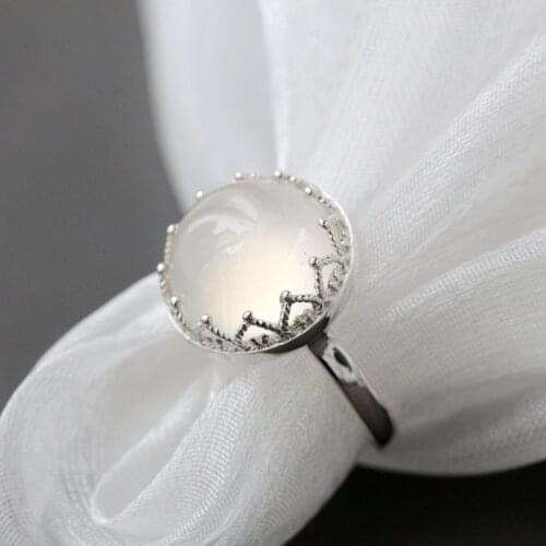 Inlaid Natural White Chalcedony Rings Female Fashion Style Jewelry Gifts Retro Open Adjustable Size 925 Sterling Silver Ring