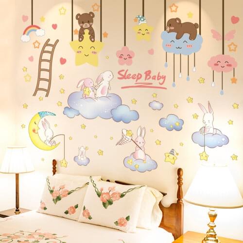 Rabbits Animals Wall Stickers DIY Cartoon Bears Clouds Stars for Kids Rooms Baby Bedroom Children Nursery Home Decoration