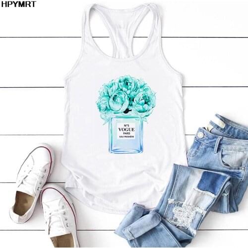 Aesthetic Perfume flowers Print New Summer Tank Tops Women Camisole Top Femme Sexy Sleeveless Loose Plus Size White Vest Clothes