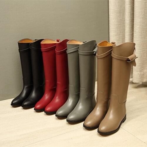Fashion Classical Genuine Leather Long Boots Sexy Woman Motorcycle Booties Belt Strap Metal Shark Lock flat heel Knee High Boots