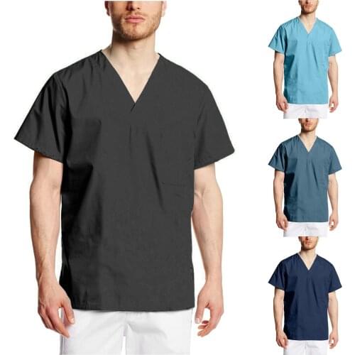 Mens Solid Color Short-sleeved V-neck Protective Clothing Tops Medical Uniform Work T-shirt Uniform Clinical Workers