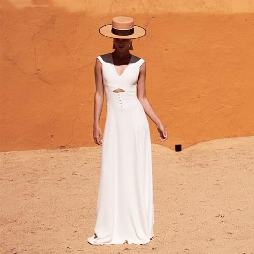 Soft Satin V-Neck Wedding Gowns Sheath Cap Sleeves Beach Outdoor Zipper A Line Backless 2021 Bridal Dress Short Train Plus Size