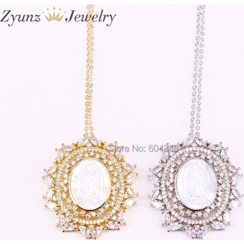 5 Strands ZYZ300-4437 Oval Shaped Shell Necklace Micro Pave CZ Zirconia Jesus Shell Pendant Chain Necklace Jesus Religious