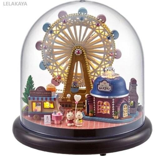 Glass Dust Ball DIY Doll House Ferris Wheel Wooden Park Miniature Home Assembly Dollhouse Handmade Amusement Park Building Kit