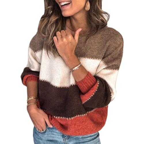 Sweater Womens Fashion Women Sweaters Striped Color Block O Neck Long Sleeve Sweater Loose Knit Pullover Womens Clothing 2021