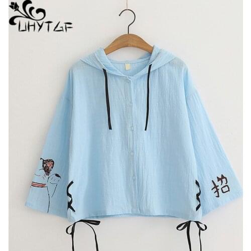 UHYTGF Elegant girl summer coat Fashion printed bandage hooded short jacket women outdoor breathable thin sunscreen clothing 961