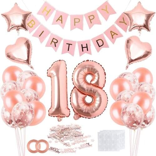 Rose Gold 40 Inch 18 Number Foil Balloon Happy Birthday Banner Adult 18th Birthday Party Decoration Supplies 12" Latex Balloons