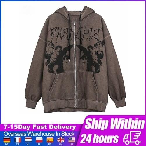 Y2K Zip-up angel brown Pattern Hoodies Autumn Coat Sweatshirt Goth Graphic Pullovers E-girl retro Aesthetic Hoodies long sleeve