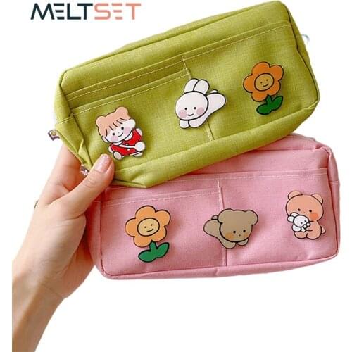 Kawaii Pencil Case for Girs Kids Canvas Pencil Bag with Cartoon Badge Stationery Storage Bags Cute Makeup Bag School Supplies