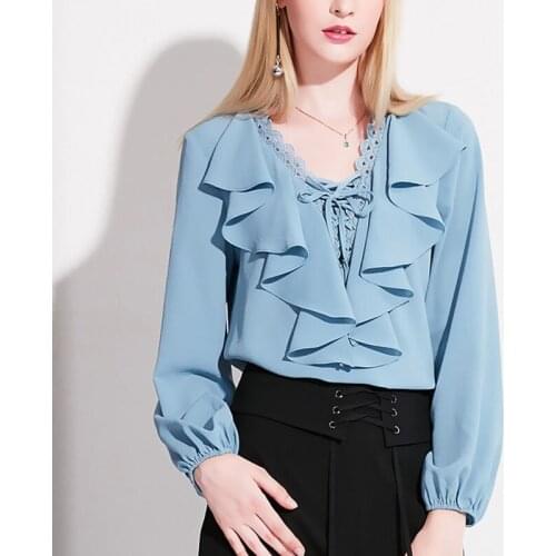 Spring Fall Sweet Lady Womens Ruffles Lace Patchwork V Neck Lantern Long Sleeve Yellow Blue Blouse Shirt , Woman Chiffon Blouses