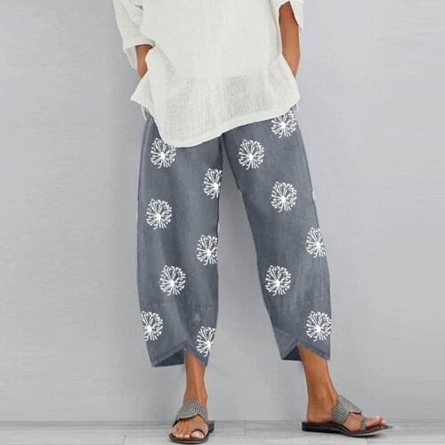 Plus Size Women Cotton And Linen Pants Casual Flowers Print Elastic Waist Wide Leg Pants Trousers With Pocket Cropped Pants