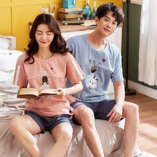 Women and men summer new Korean cotton pullover pajamas couple short sleeve shorts casual two piece pajama sets pajama set