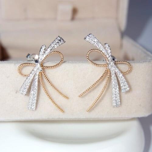 S925 Silver Color Big Bowknot Stud Earrings with Bling Zircon Stone for Women Fashion Jewelry Korean Earrings