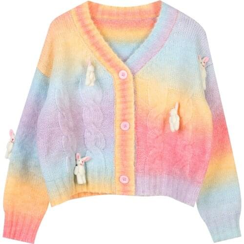 2021 Autumn Rainbow Sweater Cardigans Women Knit Crop Tops Sexy V-Neck Streetwear Vintage Striped Fashion Harajuku Korean Style