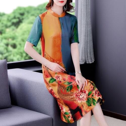 2021 Vintage Noble Floral Mulberry Silk Midi Dress Women Elegant Bodycon Party Vestido Summer Loose Casual Print 5XL Beach Dress