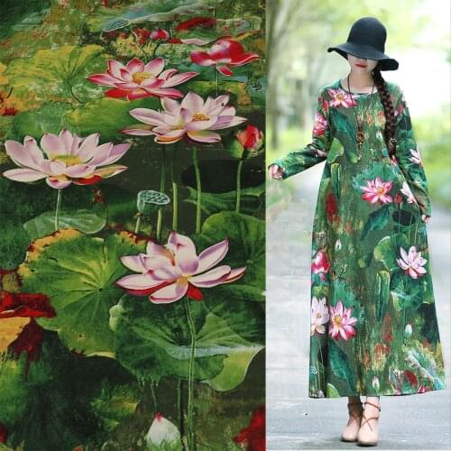 100cm*140cm Cotton Linen Green Lotus Floral Fabric By The Meter For Dress Curtain Sewing DIY Craft Ethnic Printed Textile