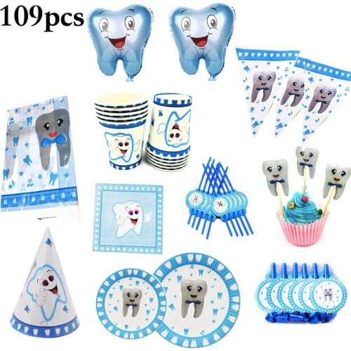 109pcs Blue Teeth Paper Napkins Plates Cups Straws Hats Balloons Boys Birthday Party Decorations Baby Shower Party Supplies