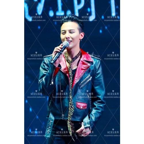 2016 Bigbang Concert Red Black Rivets Leather Jacket Coat New Men Singers DJ Stage Wear Clothing Dress Outwear