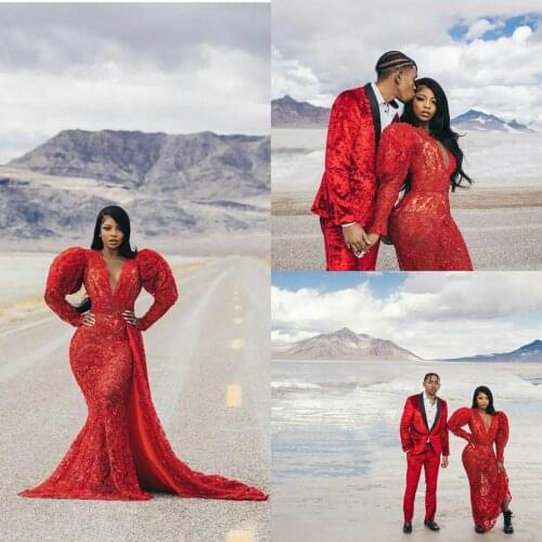 2020 Plus Size Mermaid Wedding Dresses With Detachable Train Lace Appliques Long Sleeve Bridal Gowns Custom Red Abiti Da Sposa