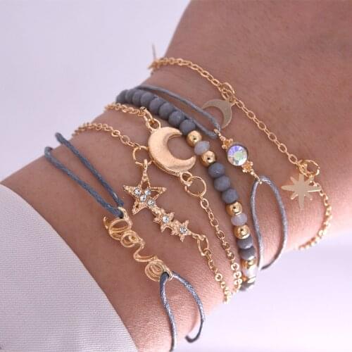 Six-piece / Set Bohemian Bracelet Boho Handmade Stars Moon Love Charm Grey Beads Gold Color Chain Open Bracelet