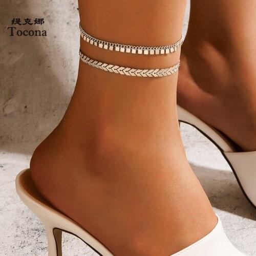 Tocona 2pcs/sets Bohemian Leaf Silver Color Anklets Charms Tassel Foot Chain Alloy Metal for Women Summer Jewelry 18646