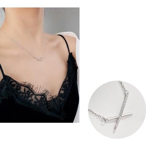 Simple Link Chain Fine Jewelry Chain Necklaces Fashion Sparkling Zircon Geometric Cross Stick Line Pendant Necklace for Women