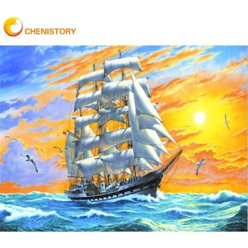 CHENISTORY Sailboat On Ocean Landscape Painting By Numbers Kits For Adults Oil Paints DIY Framed Drawing Artcraft Home Decor