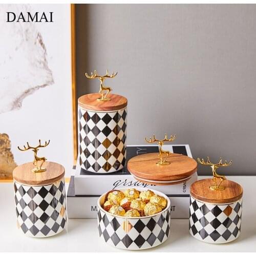 Deer Decorative Ceramic Jars Golden Fawn Simplicity Black and White Grid Candy Snacks Storage Jar Nordic Home Decoration Modern