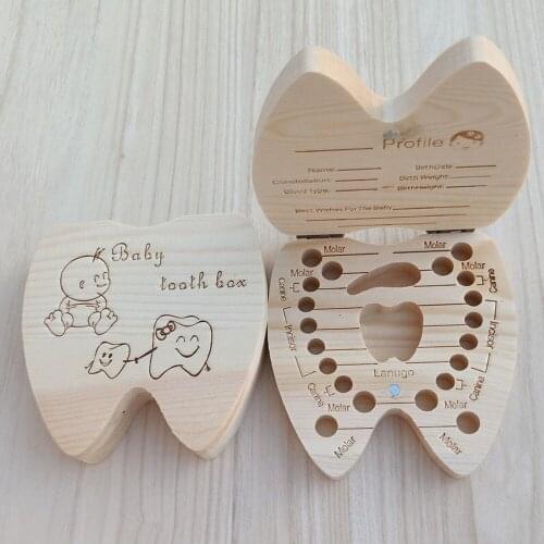 Baby Tooth Box Spanish/English Wooden Milk Teeth Organizer Storage Boys Girls Baby Souvenirs Gift
