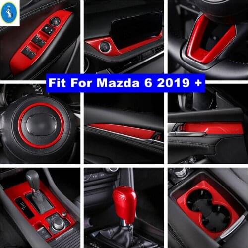 Red Interior Refit Kit Door Bowl / Gear Panel / Steering Wheel / Lift Button / Water Cup Holder Cover Trim For Mazda 6 2019 2020