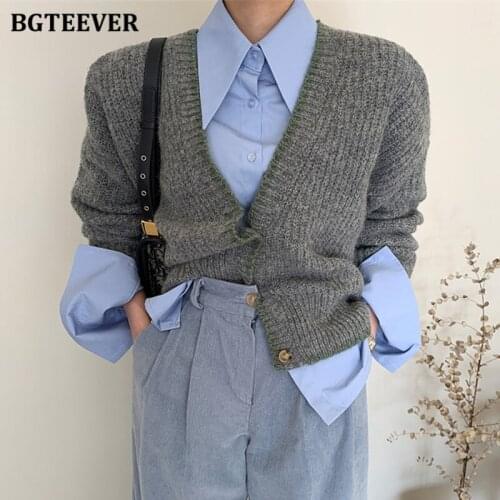 BGTEEVER Stylish Solid V-neck Single-breasted Female Sweaters Tops Long Sleeve Loose Women Knitted Cardigans 2021 Autumn Winter