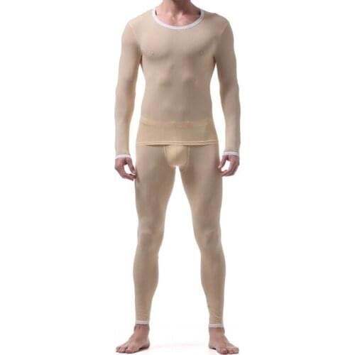 2PCS Men Undershirts Sets Ultra-thin Ice Silk Long Sleeve Top + Trousers Sexy Male Pajamas Sleepwear Stretch Transparent Suits