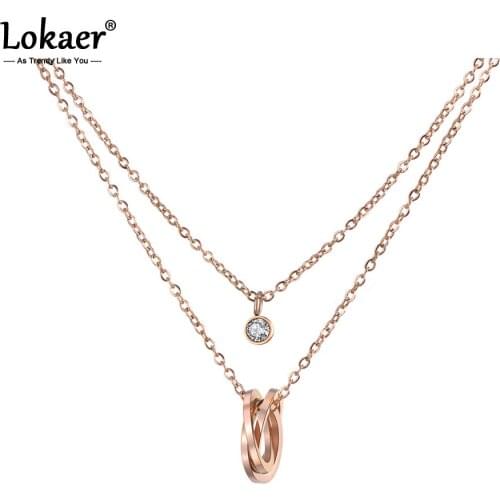 Lokaer 2 Layers Stainless Steel Necklace Twist Laps & CZ Crystal Pendant Rose Gold Color Chain Fashion Gift N18282