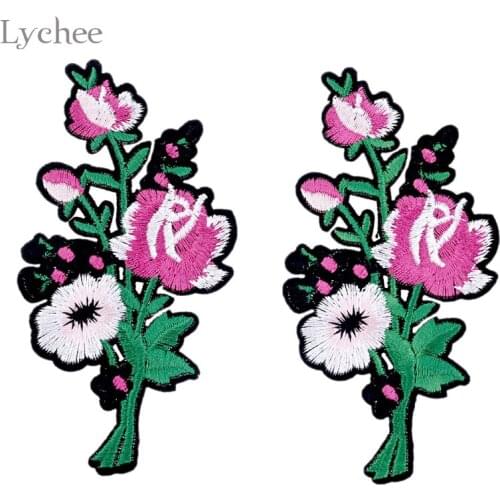 Lychee 2pcs Pink Roses Flowers Patches Embroidered Iron On Patches For Clothes Applique Clothing Decoration