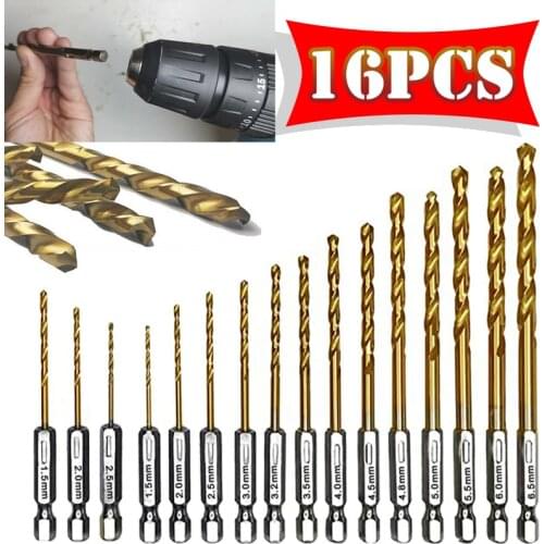 HSS Hex Shank Twist Drill Bits Durable Quick Change Cobalt Drill Bit Hand Tool 16Pcs Titanium Coated Impact Twist Drill Set