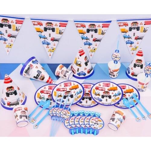 Disposable Tableware Paper Plate Tablecloth Cup Napkin Engineering Vehicle Excavator Balloon Birthday Party Supplies Decoration