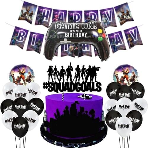25 Pcs/set Original Fortnite Birthday Decoration Set Purple Series Party Pull Flag Handle Aluminum Film Balloon Cake Insert Flag