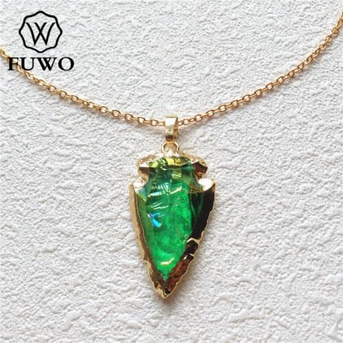 FUWO Carved Aura Quartz Crystal Arrowhead Necklace With 24K Gold Filled Genuine Semi-precious Stone Green Charm Necklace NC052