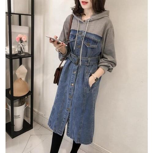 4xl Autumn Women Hooded Denim Long Dress Plus Size Slim Long Sleeve Korean Maxi Jean Dresses Large Size Ladies Frock Oversize