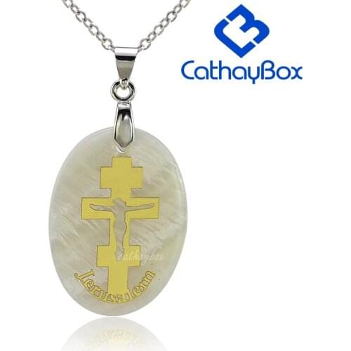 Crucifix Shell Charm Pendant Necklace Women Gold Tone Oval Jesus Christ Holy Land Gift