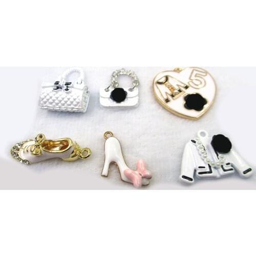 6pcs White suit fashion clothes handbag high heels hat dress suit Charms Connector Enamel Alloy Bracelet Keyring Charms XL464