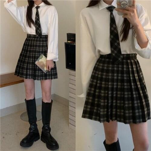 Retro jk college style shirt + woolen high-waist plaid skirt + tie A-line skirt skirt skirt half skirt summer 2020 summer
