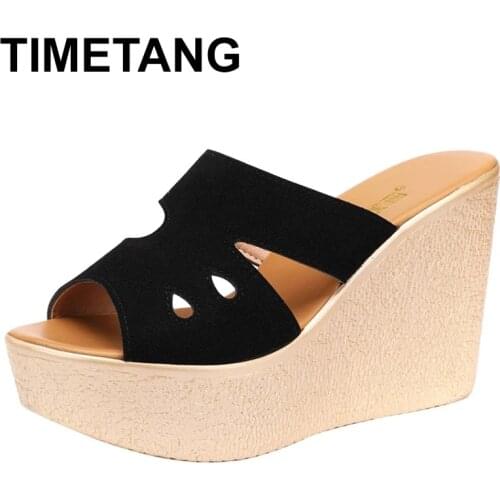 TIMETANGFlock Shoes Big Size Slippers Heels Slides Slipers Women Peep Toe Platform On A Wedge High 2021 Flat Rubber Rome Fabric