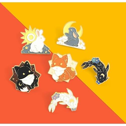 Sun & Moon Couple Enamel Pins Custom Fox Rabbit Fish Brooch Lapel Badge Backpack Bag Cartoon Animals Jewelry Gift For Kid Friend