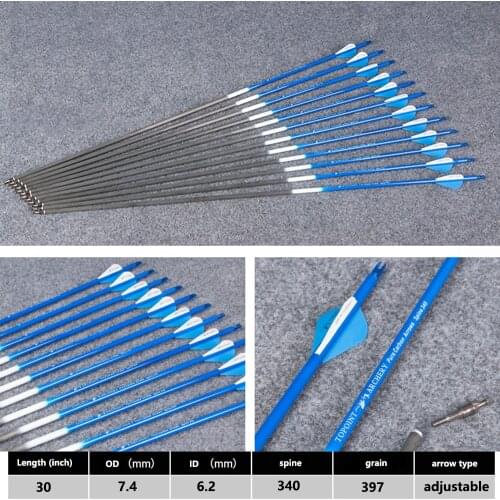 30 Inches Pure Carbon Arrow Spine 340 Diameter 7.4 mm for Compound/Recurve Bow Archery Hunting Shooting